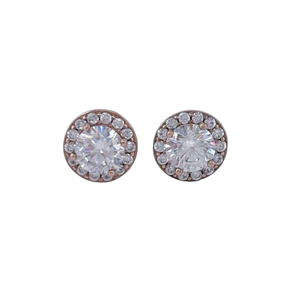 Vintage Rose Gold-Tone Sterling Silver 925 Cubic Zirconia Halo Stud Earrings